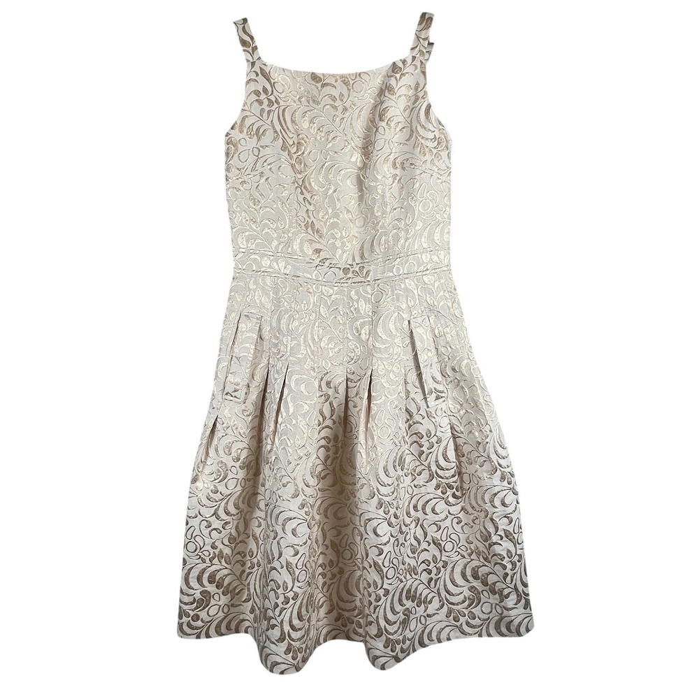 Jacquard Silk 6 Fit Flare Dress Champagne Gold Beige Floral Pockets Cocktail Bow